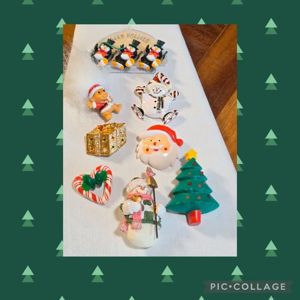Vintage Christmas Brooch Pin Lot Hallmark 1987 1990 Santa Snowman Penguin Tree